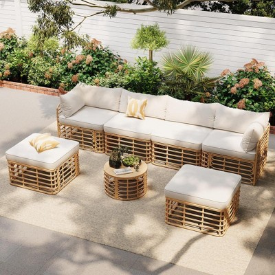 SKRAN 7 Pieces Outdoor Patio Furniture, All-Weather Rattan Sectional Sofa Set with Thick Cushions and Pillows for Backyard, Balcony, Beige