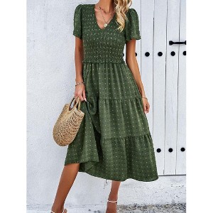 Women's Smocked V Neck Short Sleeve Dress Casual Stretchy Summer Sundress Comfortable Loose Fit - 1 of 4