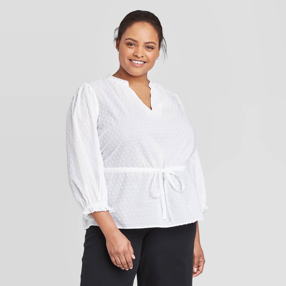 Women's Plus Size 3/4 Sleeve Tie Waist Blouse - A New Day White 4X was $24.99 now $17.49 (30.0% off)
