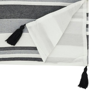 Gray and White Striped Cotton Table Runner with Tassels