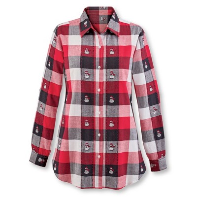 Collections Etc Women's Winter Snowman Plaid Cotton Shirt