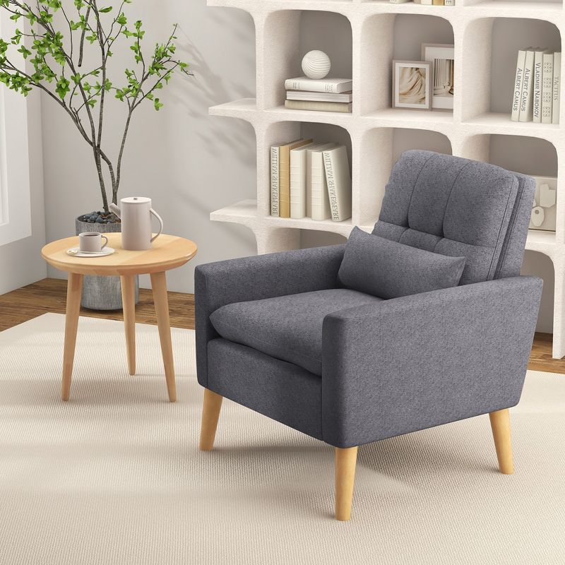 Tangkula Mid-century Modern Accent Chair Linen Fabric Reading Armchair w/ Lumbar Pillow Grey, 3 of 9