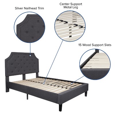 Transitional Full Platform Bed with Tufted Upholstery and Nailhead Trim in Dark Gray