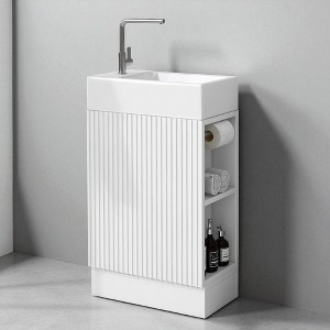 18.6" Bathroom Vanity with Sink – Compact Freestanding Cabinet with Toilet Paper Holder, Storage Shelf, Ceramic Top, Left/Right Configurable, White - 1 of 4