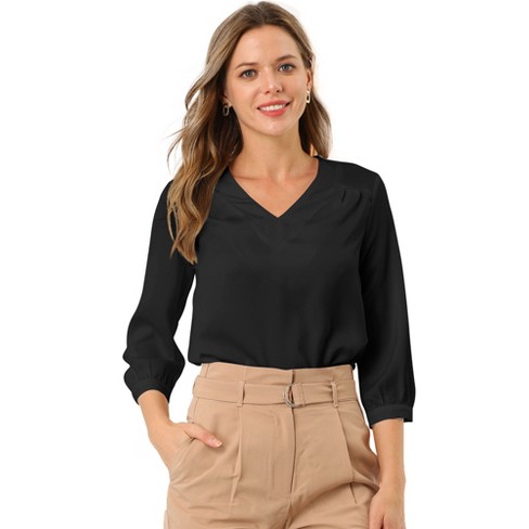 Inspire Chic Women s V Neck 3 4 Sleeve Casual Office Work Satin Blouses Black X large Target