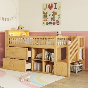 Sapphtopaz Twin Size Loft Bed with Multifunctional Storage & LED,Space-Saving Bed with Stairs & Guardrail, Wood Kid Bed Frame for Boys & Girls - 1 of 4