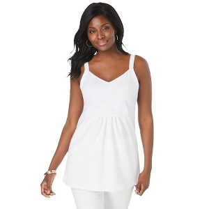 Jessica London Women's Plus Size Stretch Cotton Shirred Tank - 1 of 3