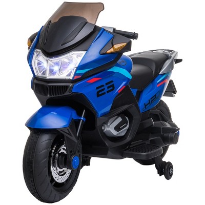 Blue 12V Kids Motorcycle with Training Wheels and Lights