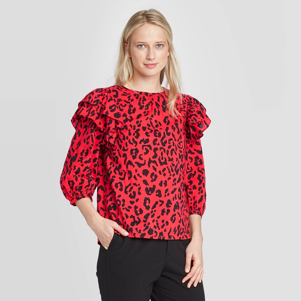 Women's Leopard Print 3/4 Sleeve Blouse - Who What Wear Red XS, Women's was $29.99 now $20.99 (30.0% off)