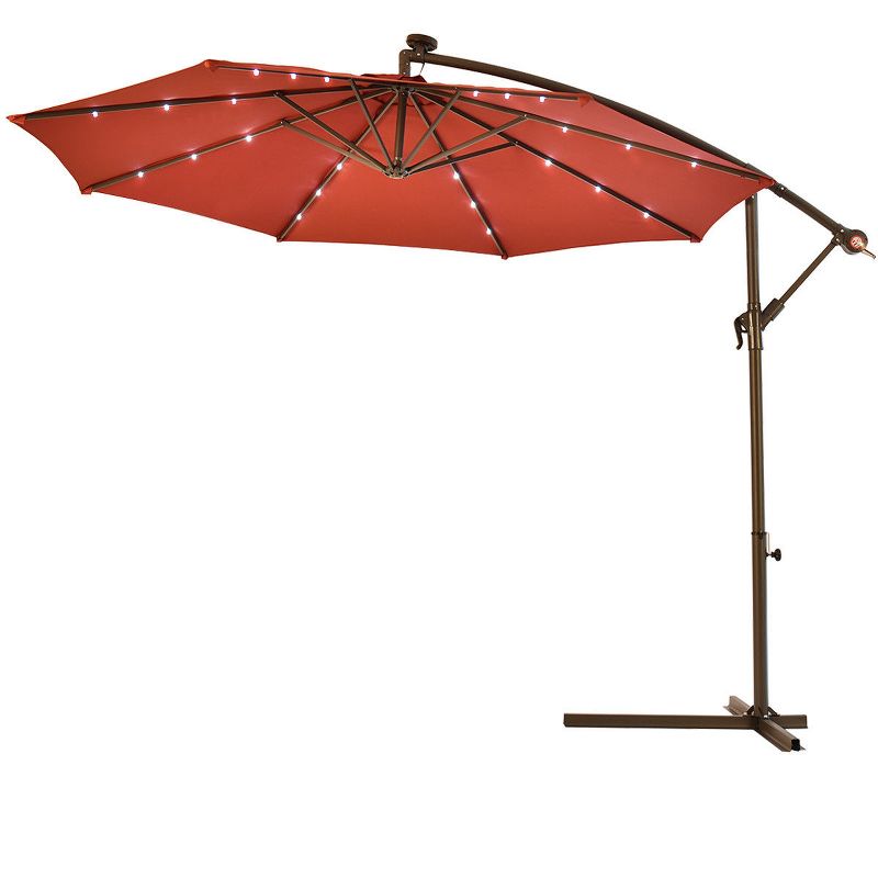 Costway 10' Hanging Solar LED Umbrella Patio Sun Shade Offset Market W/Base Burgundy, 2 of 11