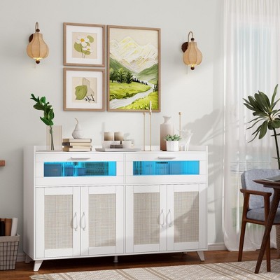 Sideboard Buffet Cabinet With LED Light & Power Outlet, Kitchen Storage Cabinet With 2 Acrylic-Board Drawers & 4 Rattan Doors