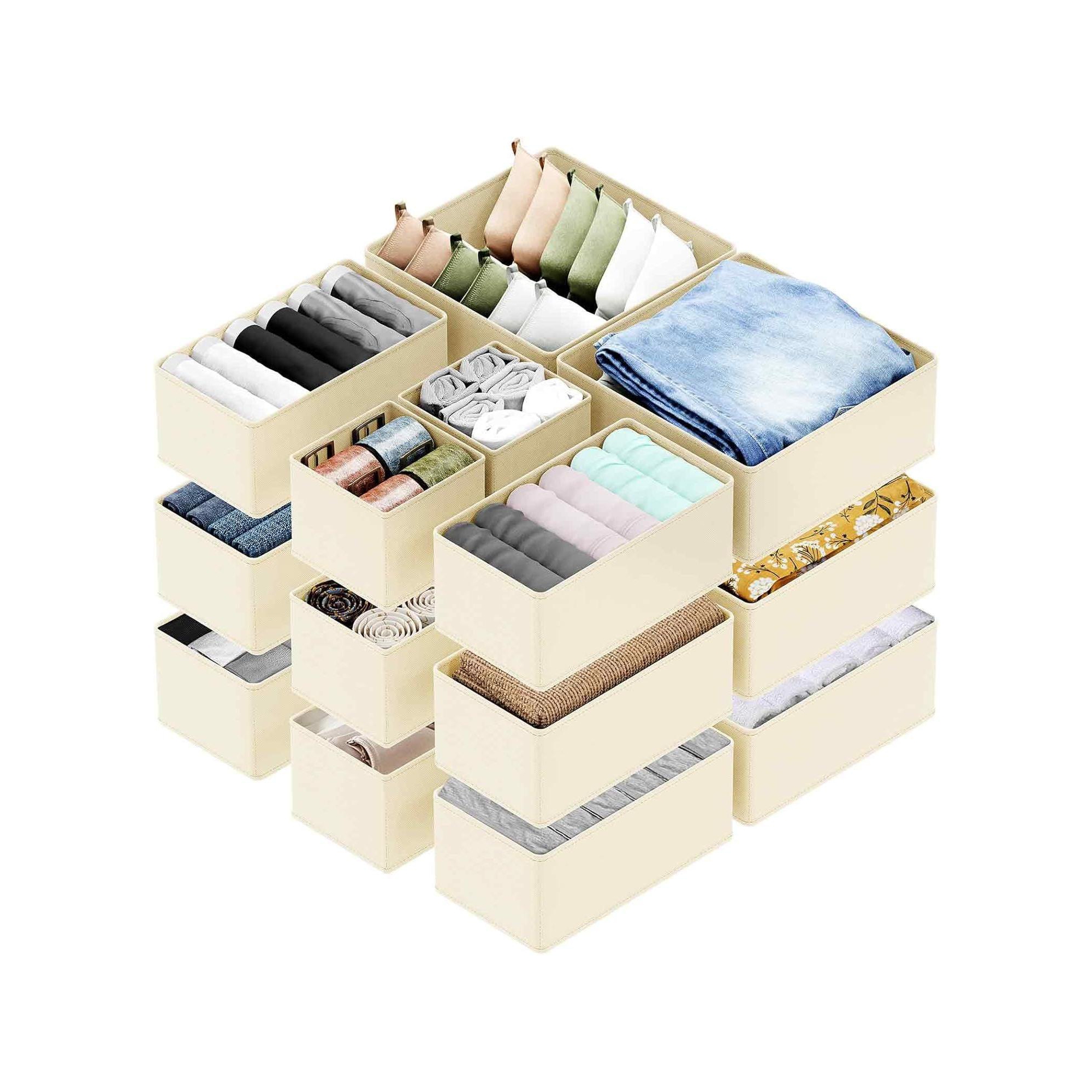 Set of 18 Collapsible Drawer Organizer Bins for Clothes, Closet Organizers and Storage Dividers for Clothing (Beige)