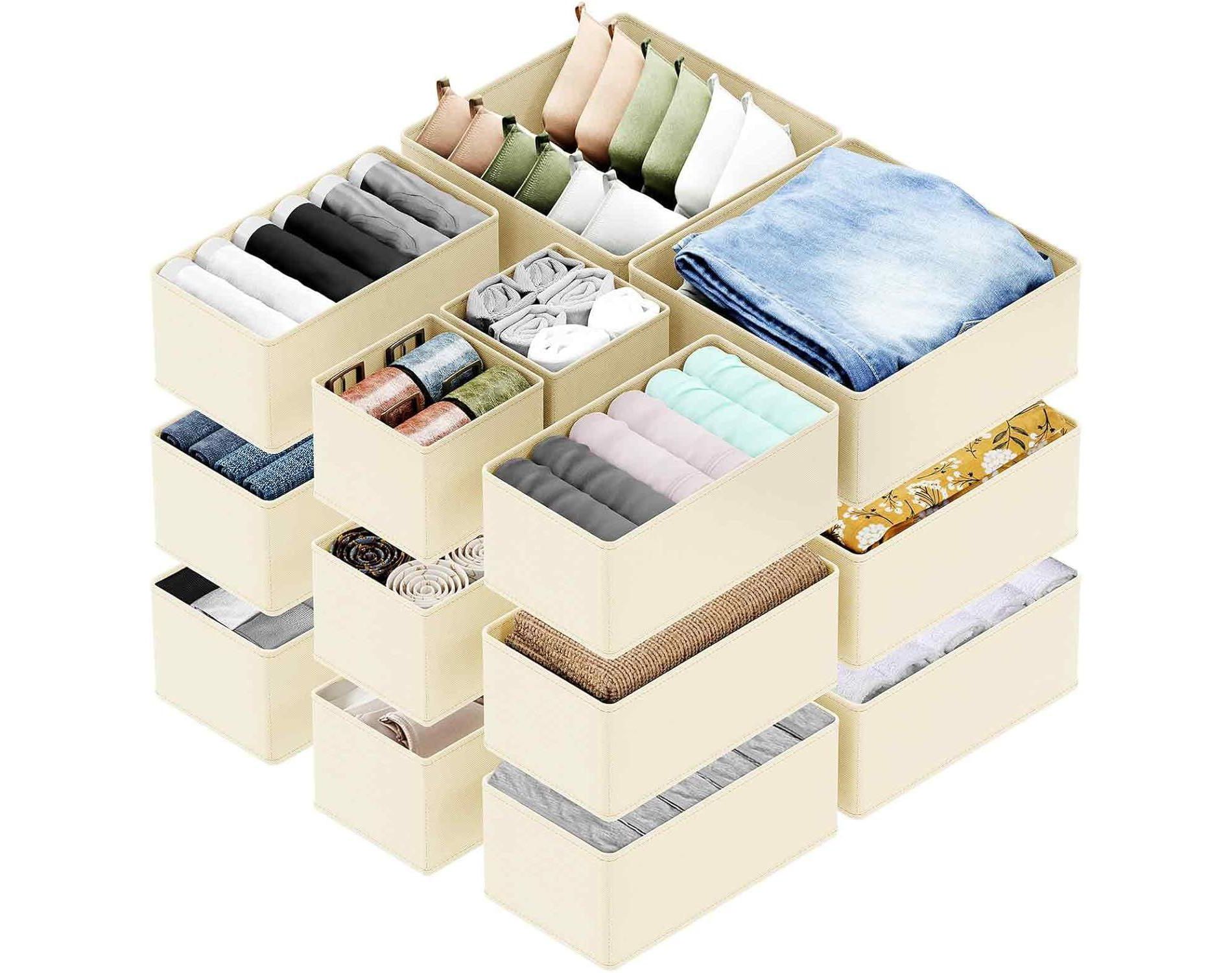 Set of 18 Collapsible Drawer Organizer Bins for Clothes, Closet Organizers and Storage Dividers for Clothing (Beige)