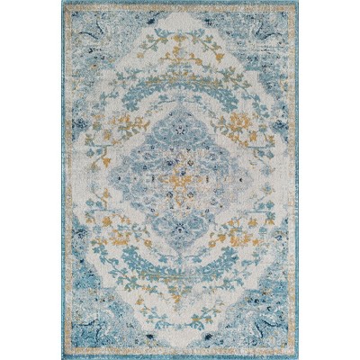 Ivory and Blue Rectangular Synthetic Vintage Area Rug, 5' x 7'