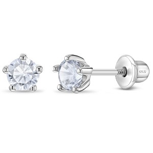 Girl's Classic CZ Birthstone Solitaire Screw Back Sterling Silver Earrings - In Season Jewelry - 1 of 4