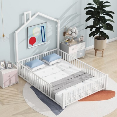 Metal House Platform Bed with Guardrail and Chimney