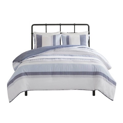 Full/Queen Blue Striped Jacquard Duvet Cover Set