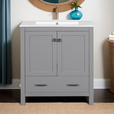 30" Bathroom Vanity with Single Sink, Bathroom Storage Cabinet with 2 Doors and a Drawer, Soft Closing - Leovsnove