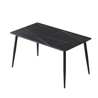 Vynxaria 55.12" Modern Artificial Stone Black Straight Edge Black Metal Leg Dining Table-Can Accommodate 6 People(Dining Table Only)