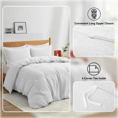 King Size White Linen and Cotton Duvet Cover Set