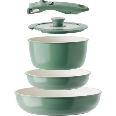 BRINJOY 5-Piece Ceramic Nonstick Cookware Set, Nonstick Kitchen Pot Set, Non-Toxic Nonstick Cookware Set with Removable Handles (Green)