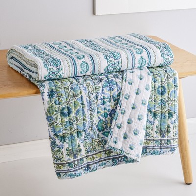 Yasmina Teal Blue Green Cotton Reversible Quilted Throw