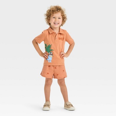 Image of Toddler Boys' Bluey Gauze Polo Top and Shorts Set - Brown 18M
