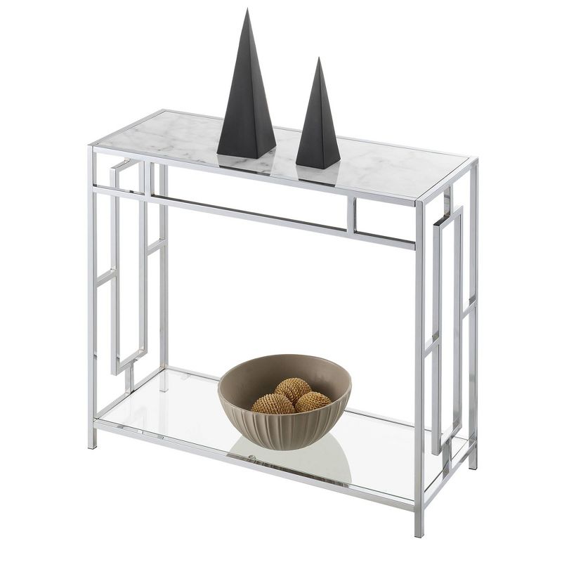 Town Square Chrome Faux Marble Glass Hall Table with Shelf White Marble/Glass/Chrome - Breighton Home, 3 of 6