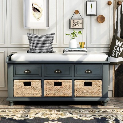 NicBex Shoe Rack Bench Shoe Storage Organizer Rustic Storage Bench with 3 Drawers and 3 Rattan Baskets for Entryway Bedroom