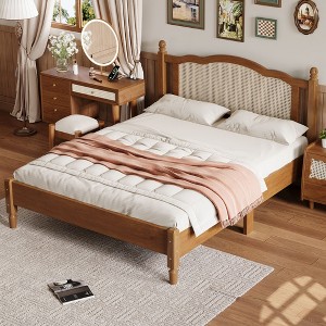 CAVINAS Full/Queen Size Bed Frame with Natural Rattan Headboard,Wooden Platform Bed with Wood Slats Support,Underbed Storage - 1 of 4