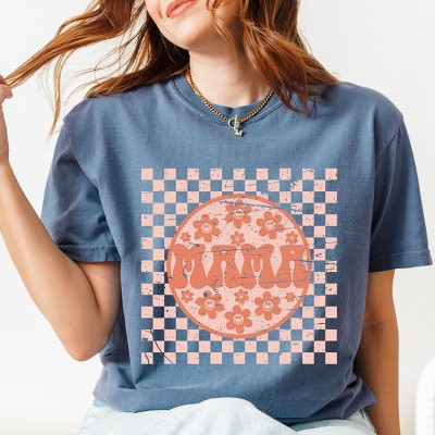 Simply Sage Market Checkered Mama Flowers Garment Dyed Tee - S - Blue Jean