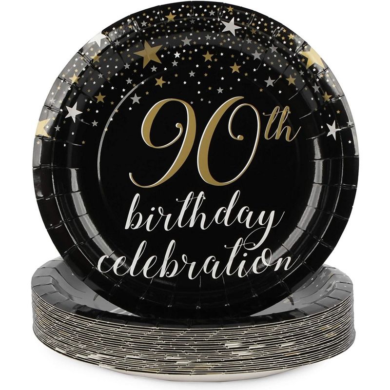 Sparkle and Bash 90th Birthday Party Supplies and Decorations for 24 Guests, Black and Gold Plates, Napkins, Cups, Tablecloths, Banner, 4 of 10