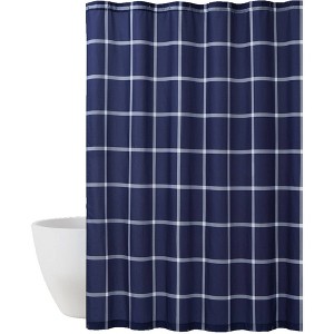 Printed Windowpane Shower Curtain Navy/White - Truly Soft: Microfiber Material, Machine Washable, Ring Top - 1 of 3