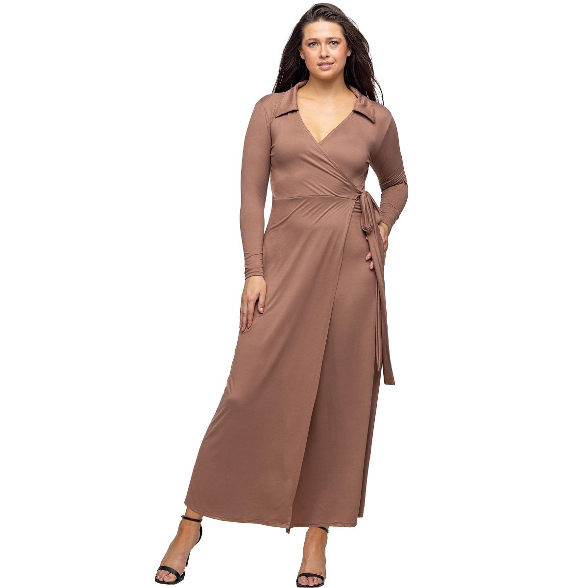 Womens V-Neck Long Sleeve Collared Wrap A-Line Maxi Dress - 24seven Comfort Apparel™ - thumbnail 7