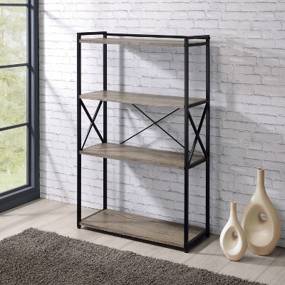 47" Gray Wood and Black Metal Transitional Bookcase