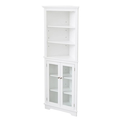 White Tall Corner Storage Cabinet, Floor Storage Narrow Organizers With Double Glass Doors and Adjustable Shelves