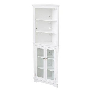 White Tall Corner Storage Cabinet, Floor Storage Narrow Organizers With Double Glass Doors and Adjustable Shelves - 1 of 4