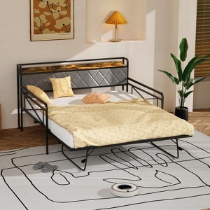 Karl Home Twin Size Metal Daybed Frame with Pop-up Trundle Bed and Charging Station with Upholstered Storage Headboard and LED Lights - 1 of 4