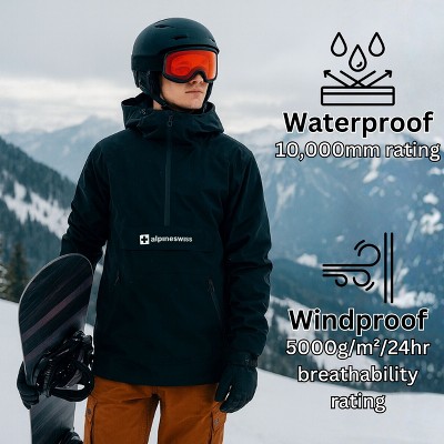 Alpine Swiss Mens Snowboard Jacket 10K Waterproof Hooded Ski Shell Anorak Windproof Pullover Winter Sport Coat BLK SML — фото 2