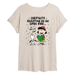 Women's - Peanuts - Snoopy and Lucy Chestnuts Roasting Carol Oversized Graphic T-Shirt - 1 of 4