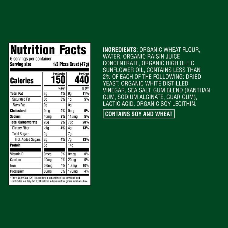 Nutrition label showing calories, fat, sugar, protein, and ingredients including organic wheat flour, water, and organic raisin juice concentrate, with a note that it contains soy and wheat.