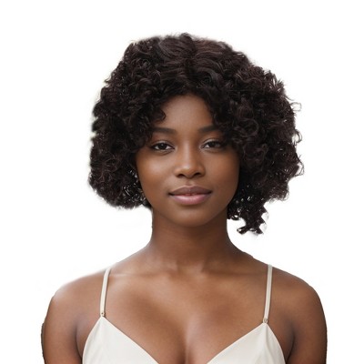 Unique Bargains Medium Wave Curly Short Hair Wig 13x4x1in 150 Real Human Hair 4~6in Black 1 Pc