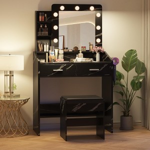Vanity Desk with Power Outlet, Makeup Vanity with Large Mirror and LED Lights, 7 Drawers & Cushioned Stool - 1 of 4