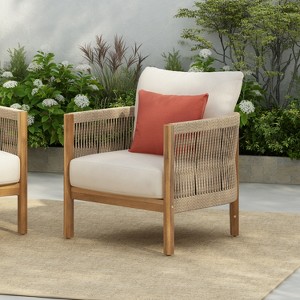 Christopher Knight Home Celeste Patio Rope Weaving Acacia Wood Upholstered Club Chair - 1 of 4