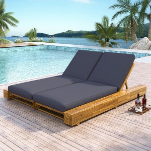 Christopher Knight Home Nami Rustic Outdoor Acacia Wood Double Chaise Lounge with Adjustable Back and Cushions, Gray/Teak - 1 of 4