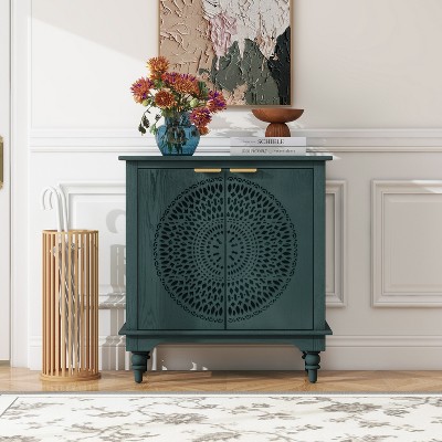 VYNXARIA Hollow-Carved 2-Door Accent Cabinet with Adjustable Shelf - Elegant Storage in Walnut