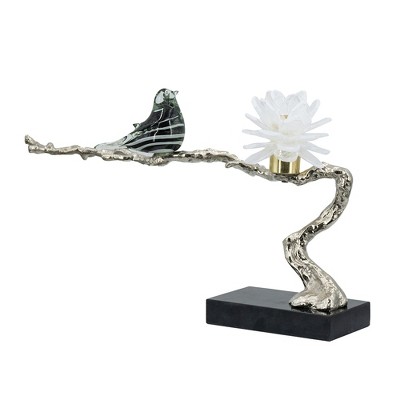 Gulches Decorative Objects: Black Bird on Branch with Marble Base 10/15/15 in and 10 in Gray Bird Mesh Candle Holders