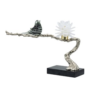 Gulches Decorative Objects: Black Bird on Branch with Marble Base 10/15/15 in and 10 in Gray Bird Mesh Candle Holders - 1 of 4