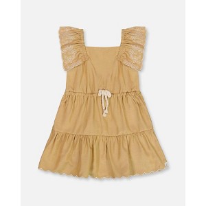 Deux par Deux Girl Chambray Dress with Embroidery Golden Beige - 1 of 4