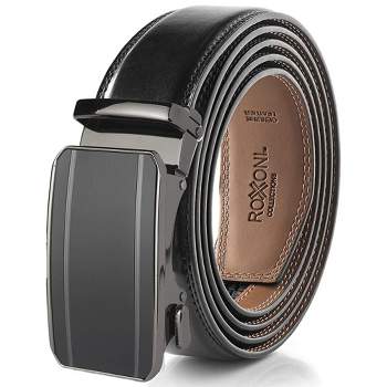 Roxoni Men's Genuine Leather Ratchet Dress Belt with Inline Black Buckle, Enclosed in an Elegant Gift Box, Adjustable from 28" to 48" Waist